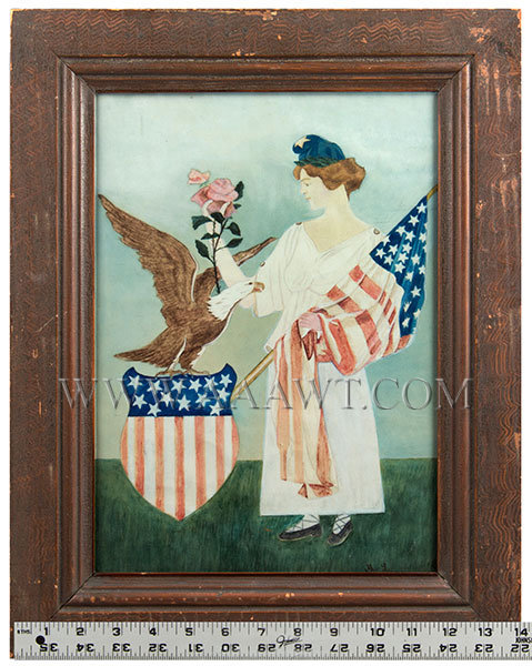 Lady Liberty Watercolor, Liberty Cap, Eagle Perched on Shield
Anonymous, signed ML
Circa 1850 to 1900, scale frame